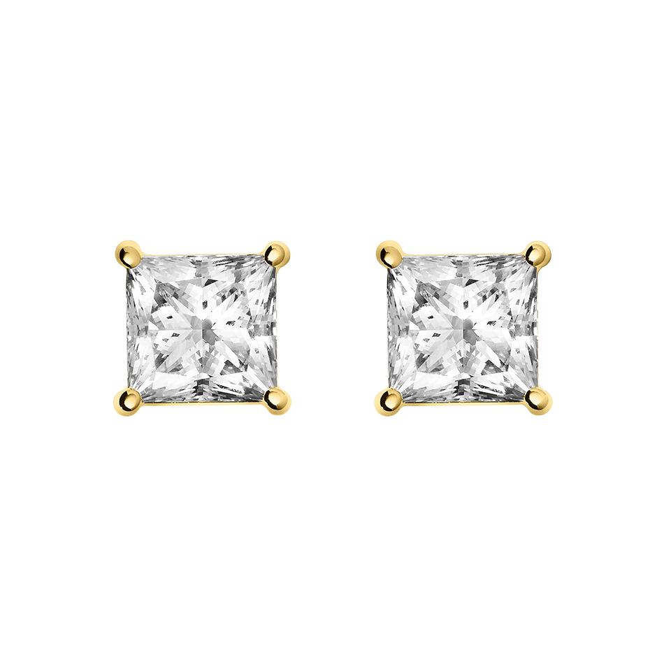Diamant Ohrstecker 4-Prong Setting in Gelbgold mit Princess
